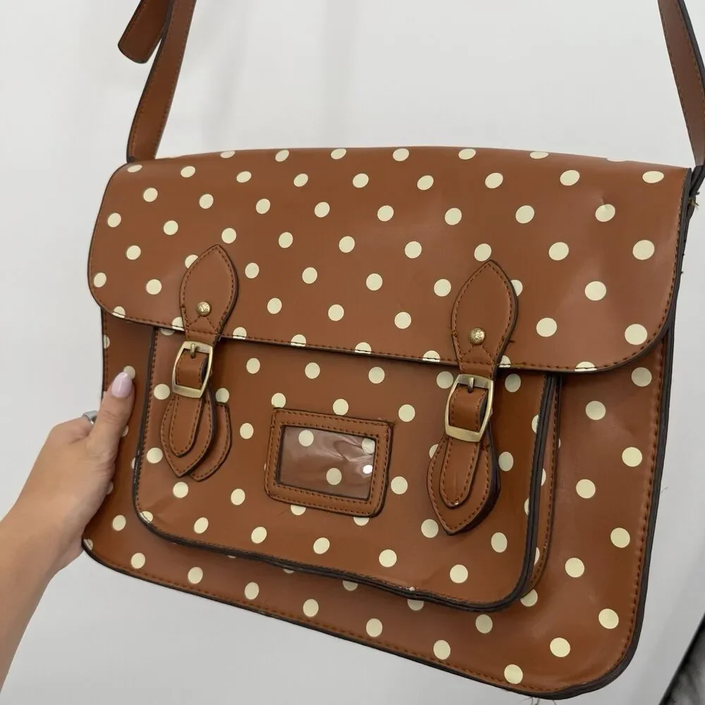 LYDC London Tan & White Polka Dot Satchel Bag Crossbody Vintage